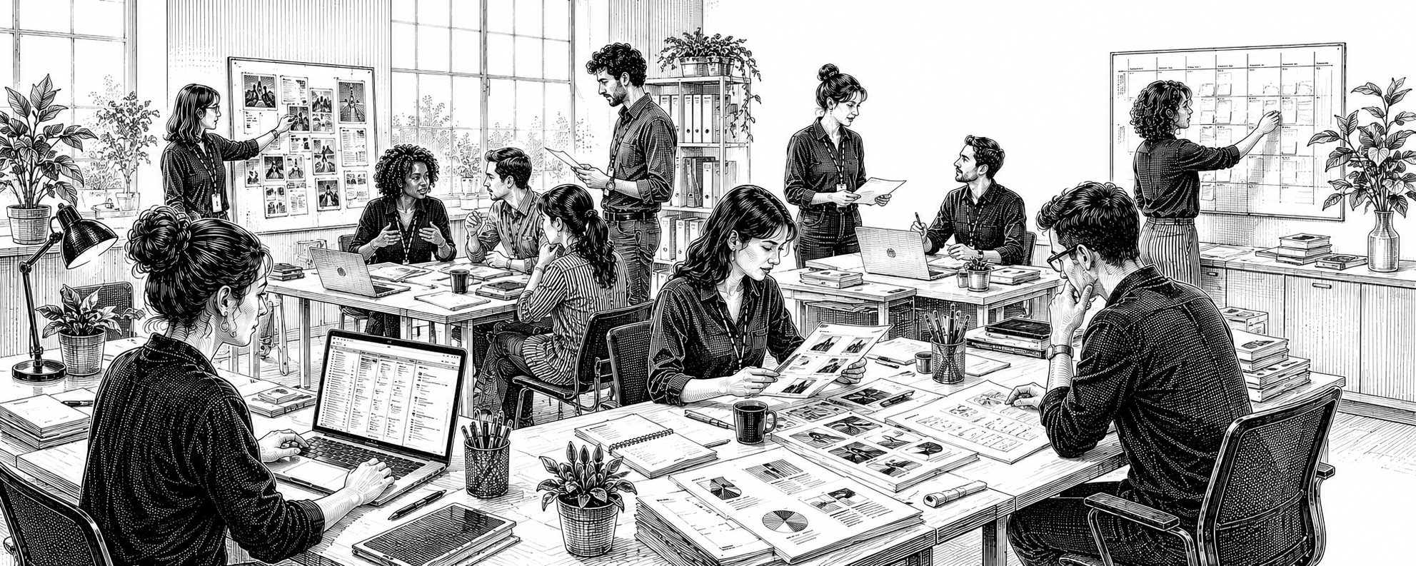 Black and white illustration of arts administration careers across planning, coordination and office work