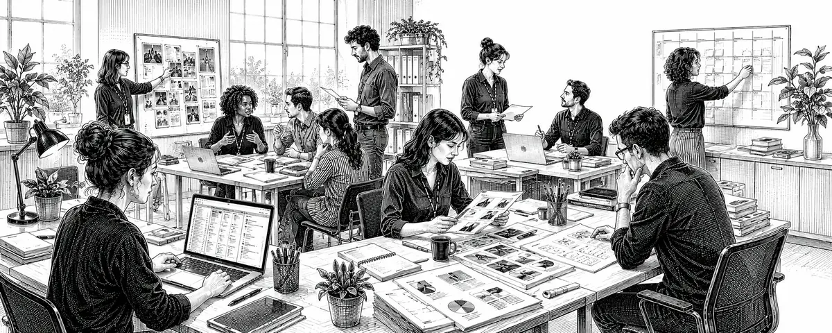 Black and white illustration of arts administration careers across planning, coordination and office work