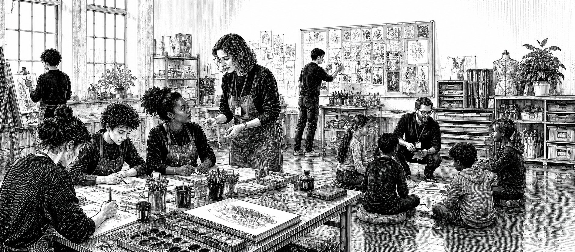Black and white illustration of arts education careers across creative workshops, schools programmes and community participation