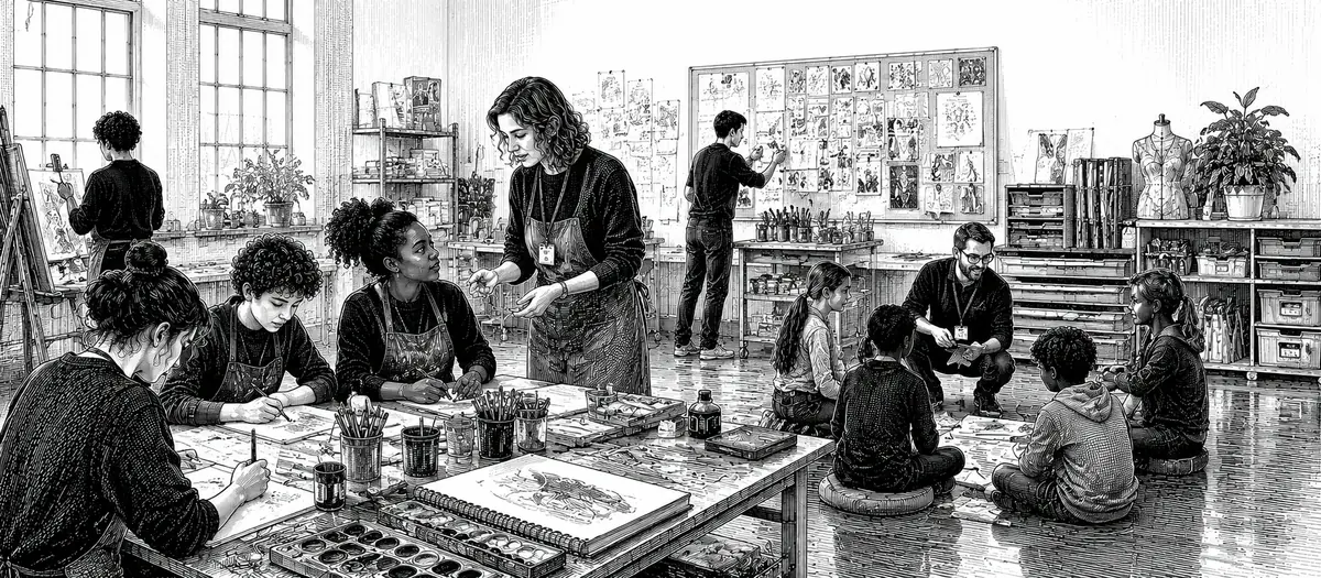 Black and white illustration of arts education careers across creative workshops, schools programmes and community participation