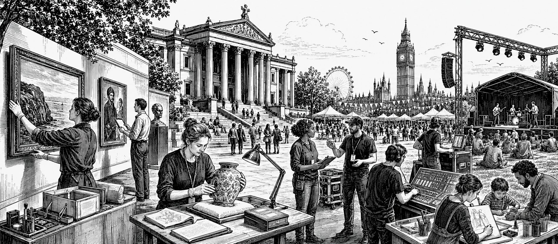 Black and white illustration of arts and culture careers across galleries, museums, festivals and live events