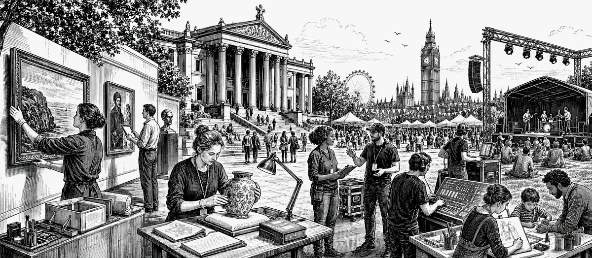Black and white illustration of arts and culture careers across galleries, museums, festivals and live events