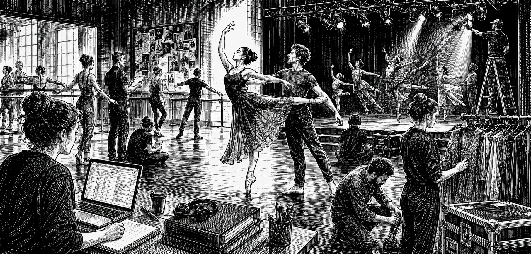 Black and white illustration of dance careers across rehearsal, performance and production work