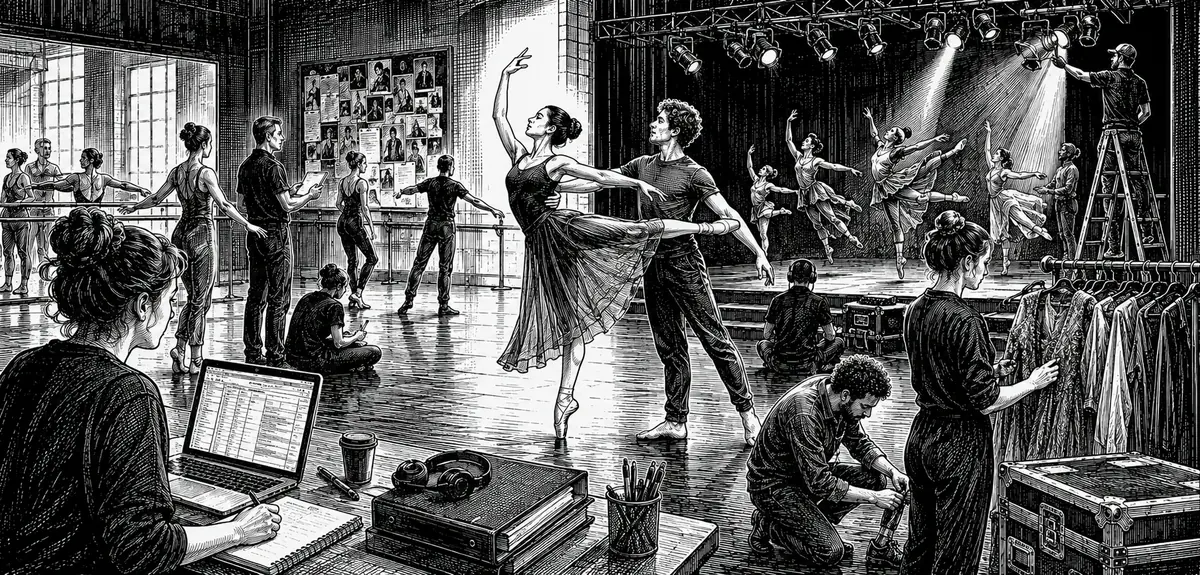 Black and white illustration of dance careers across rehearsal, performance and production work