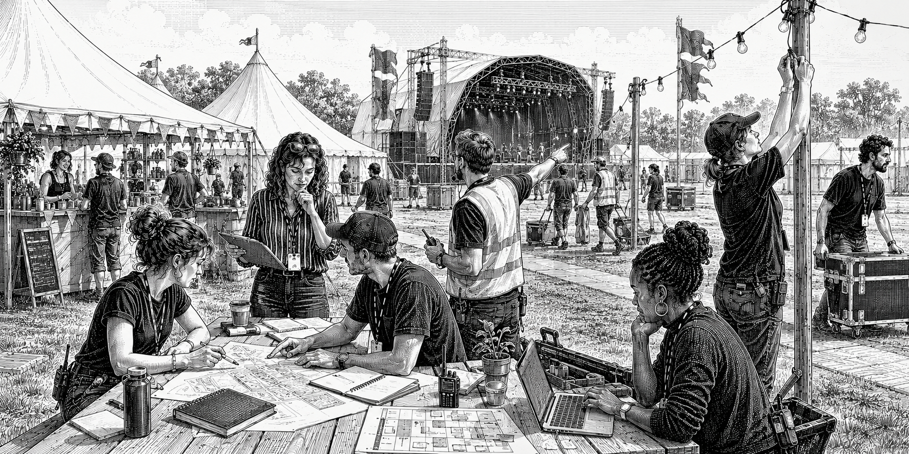 Black and white illustration of festival careers across planning, site operations and live event production