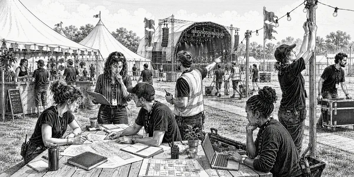 Black and white illustration of festival careers across planning, site operations and live event production