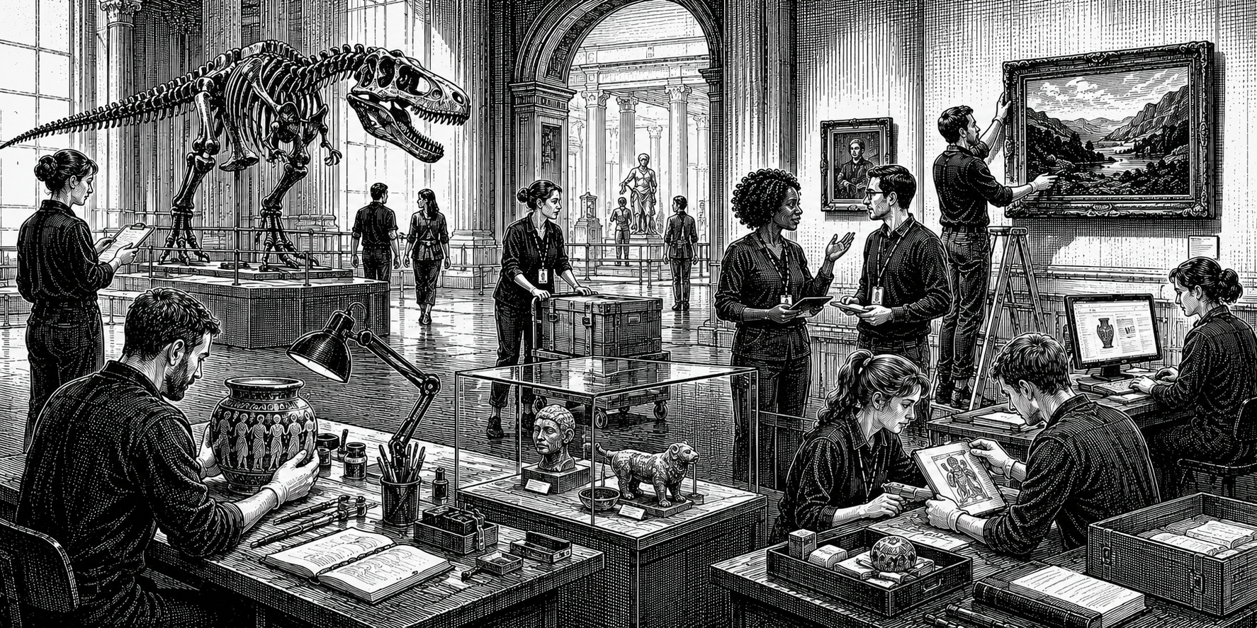 Black and white illustration of museum careers across collections, exhibitions and conservation work