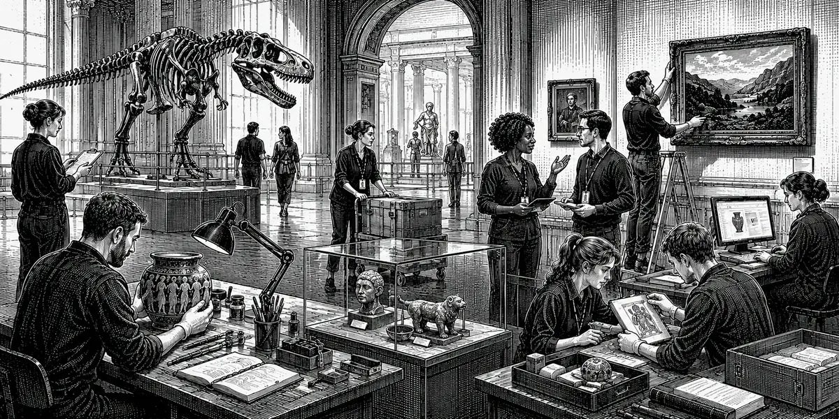 Black and white illustration of museum careers across collections, exhibitions and conservation work