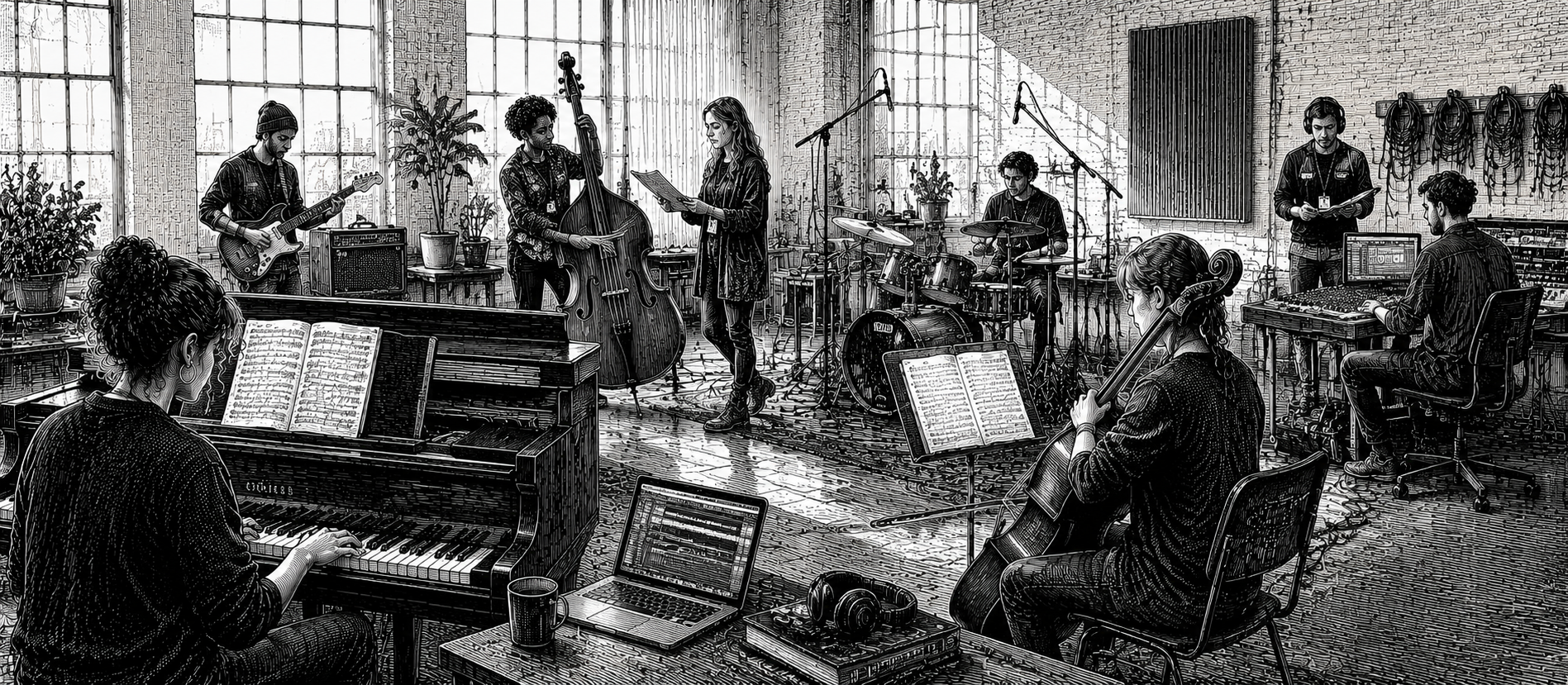 Black and white illustration of music careers across performance, recording, rehearsal and production work