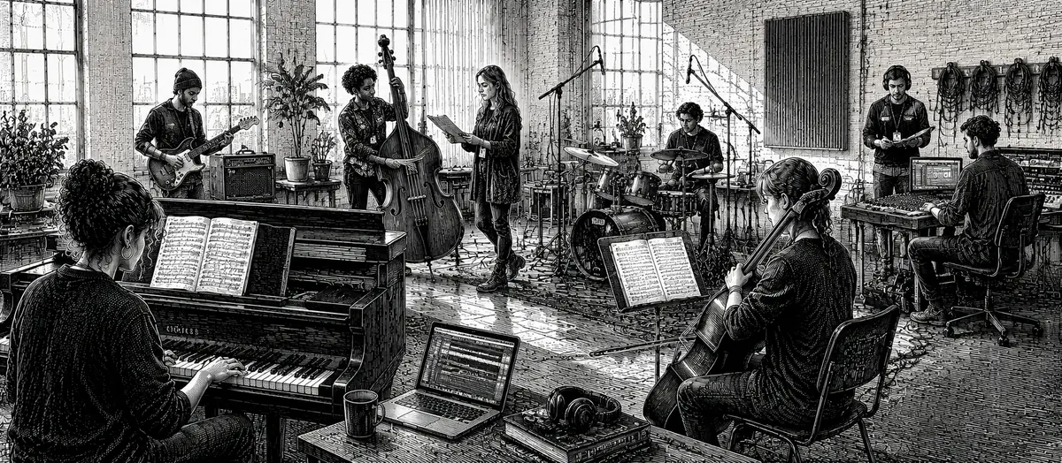 Black and white illustration of music careers across performance, recording, rehearsal and production work