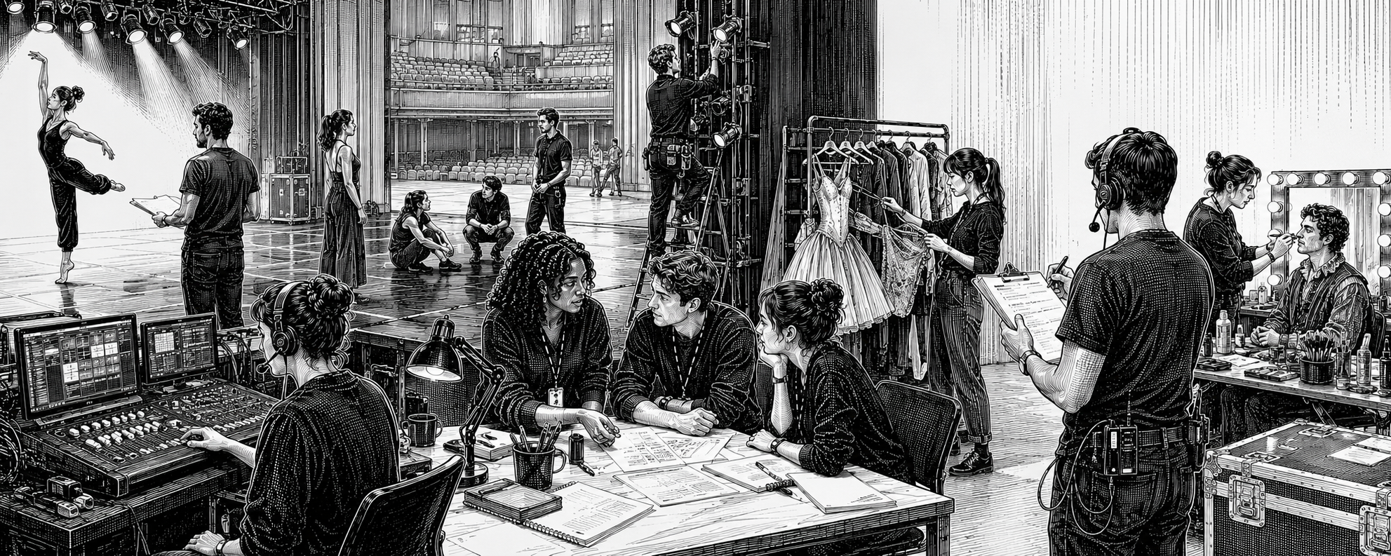 Black and white illustration of performing arts careers across stage, rehearsal and backstage production work
