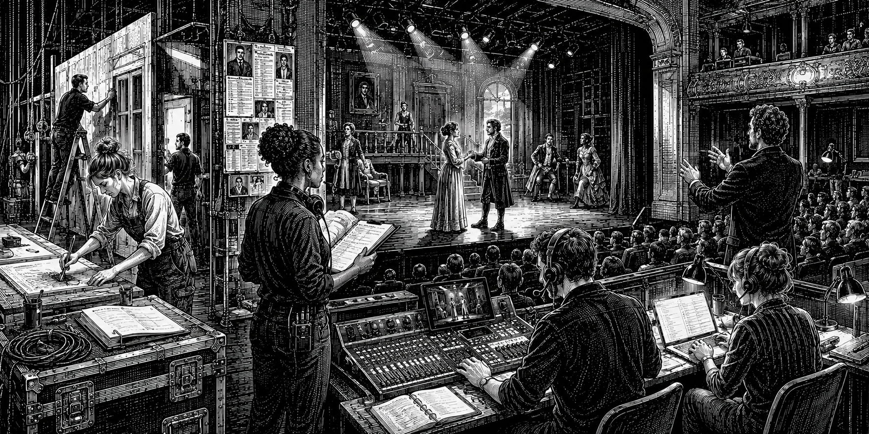 Black and white illustration of theatre careers across backstage, technical and onstage production work