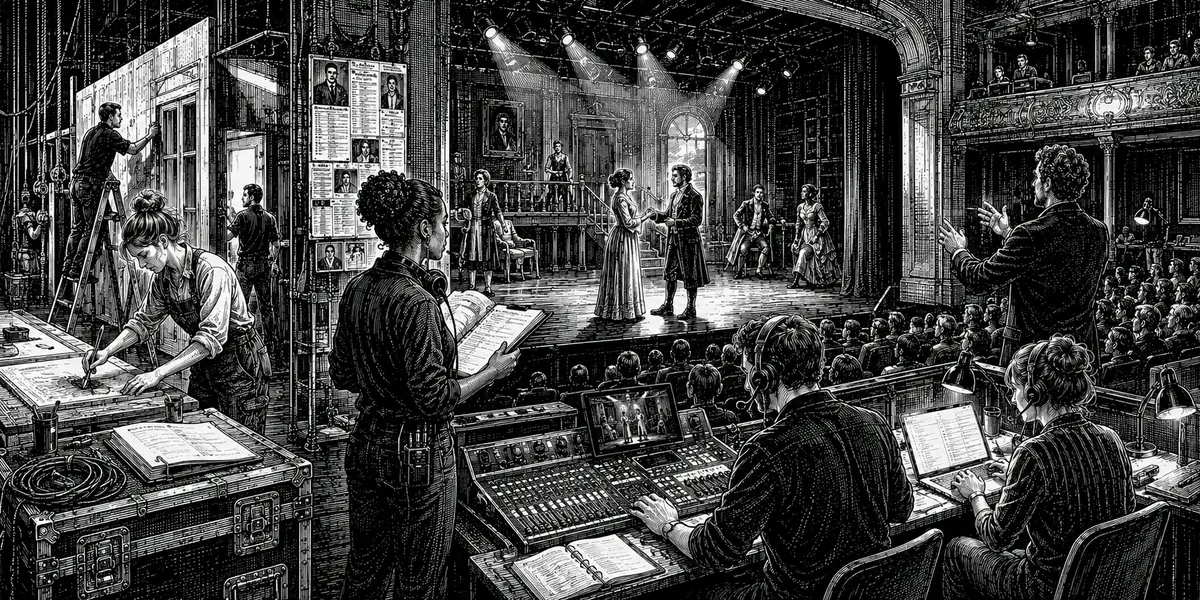 Black and white illustration of theatre careers across backstage, technical and onstage production work