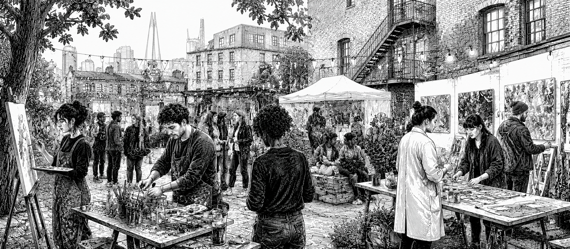 Black and white illustration of visual arts careers across studios, exhibitions and public art events