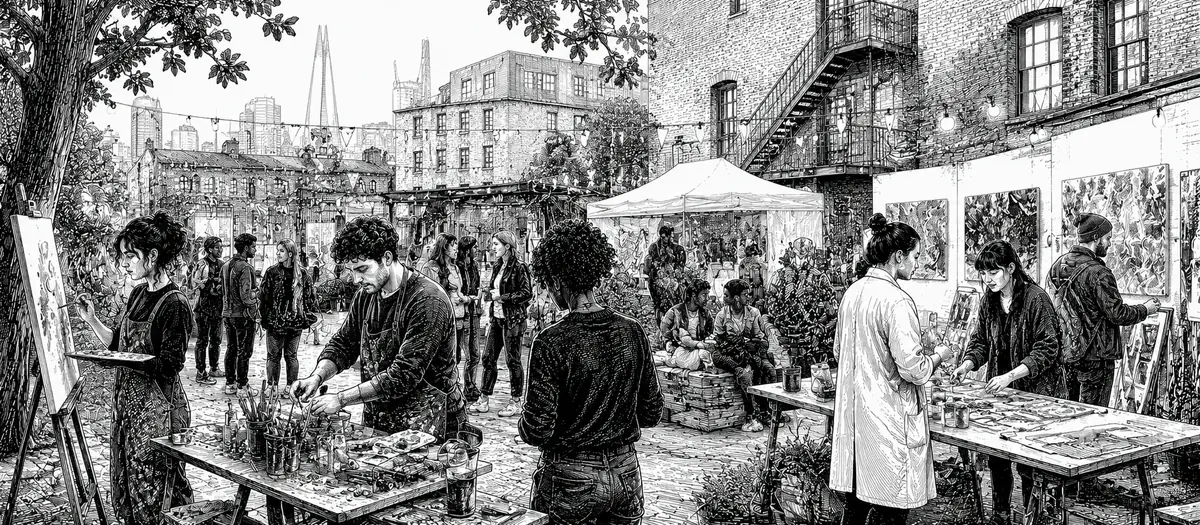 Black and white illustration of visual arts careers across studios, exhibitions and public art events